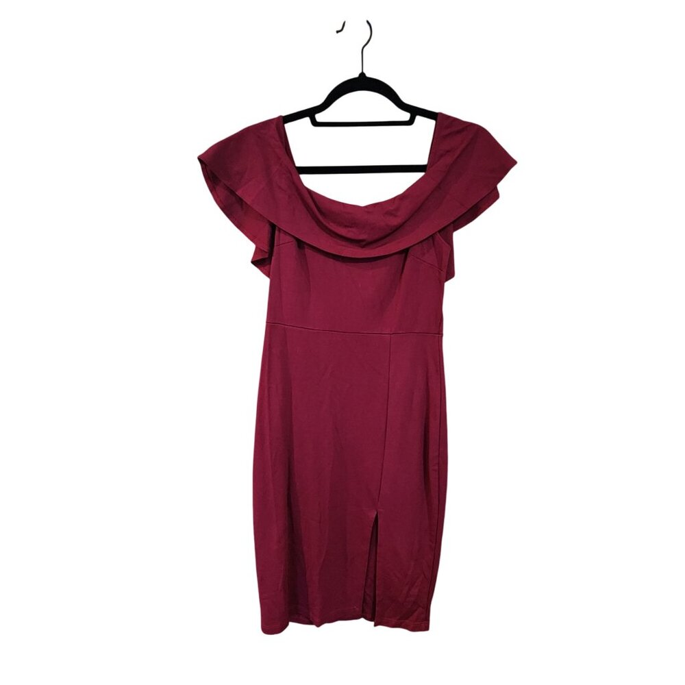 Sarah La Burgundy Off-Shoulder Midi Dress With Ruffle Sleeves & Back Zipper Clos